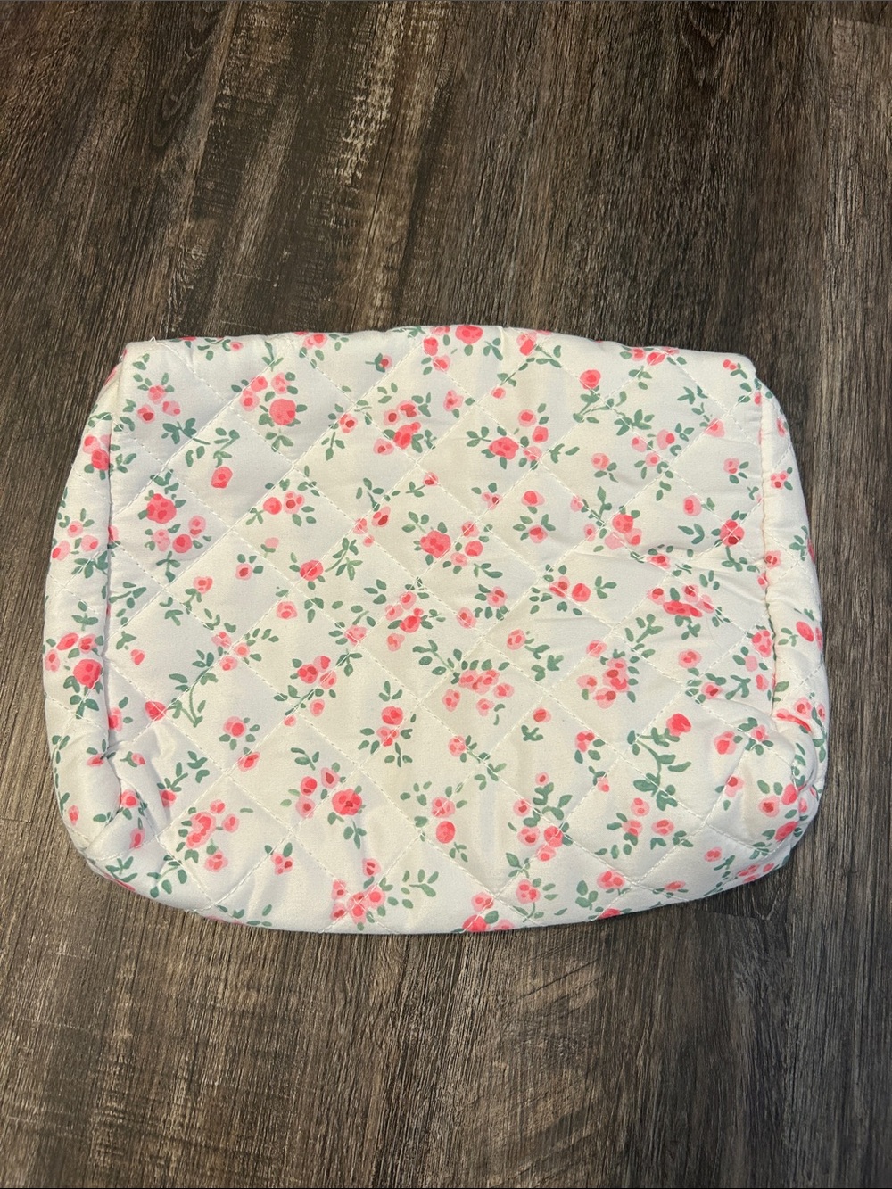 Quilted Floral Cosmetic Pouch - Pink & Green on White